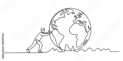 Man pushing the globe on a wavy line Vector, illustration