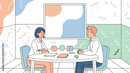 Business colleagues discussing ideas in modern meeting room with whiteboard