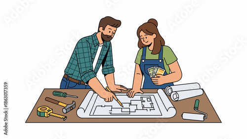 Couple planning home renovation with blueprint and tools on table