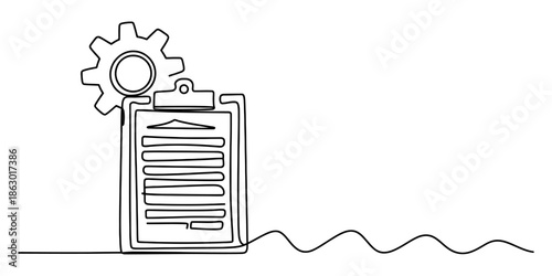 Continuous line drawing of a clipboard with a gear Vector, illustration