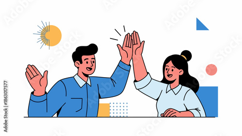 Happy colleagues high fiving in modern office setting with colorful background
