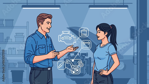 Mechanic and customer discussing car repair with digital diagnostic icons