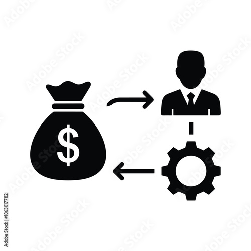 Money bag connected to businessman and gear