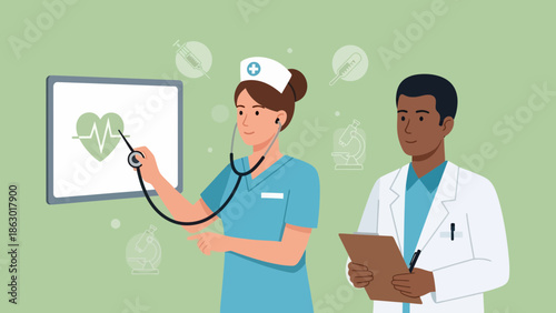 Medical professionals discussing heart health with stethoscope and clipboard