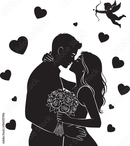 PrinRomantic silhouette of loving couple with hearts and cupidt