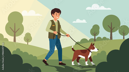 Man walking dog in green park on sunny day with trees