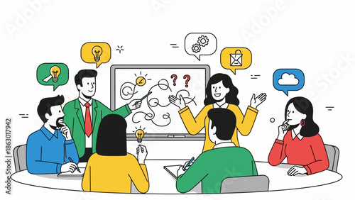 Diverse team brainstorming ideas in modern meeting room with whiteboard