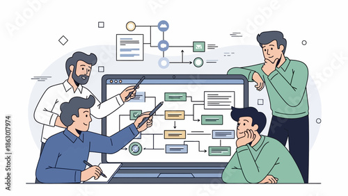 Business team collaborating on project flowchart