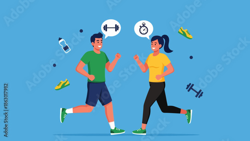 Young couple jogging together with fitness equipment around them