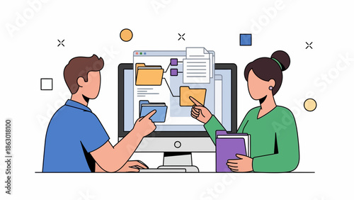 Colleagues collaborating on digital files at office desk with computer