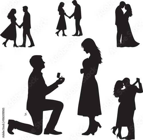 PrRomantic silhouettes of loving couples in various intimate momentsint