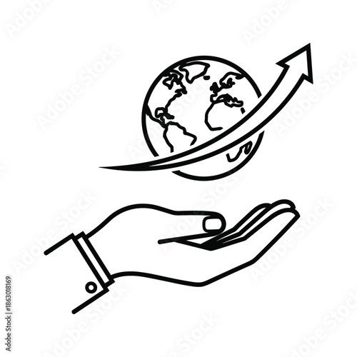 Hand holding globe with arrow pointing upwards