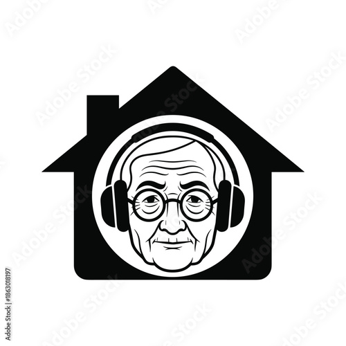 Old man wearing headphones inside house logo