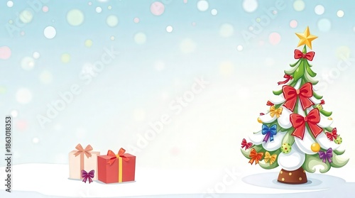 Festive Christmas tree with colorful bows and gifts in snowy scene