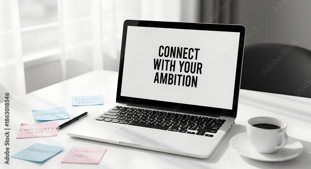 Fototapeta premium Laptop displaying 'CONNECT WITH YOUR AMBITION' on screen