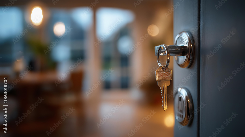 Obraz premium Open door revealing new home interior with door handle key and house shaped keychain visible mortgage approval real estate investment property ownership new homeowner moment