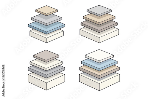 Cutaway Stack of Floating 3D Shapes with Layered Arrangement