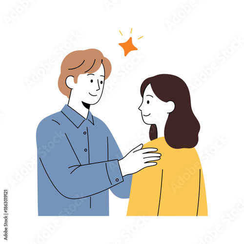 Young man smiling and comforting young woman with positive gesture  