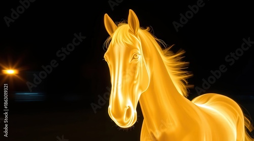 Golden horse head in dark background with glowing light