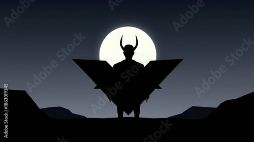 Mysterious horned figure standing against full moon in dark landscape