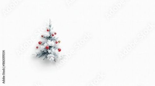 Snowy Christmas tree with red ornaments on white background