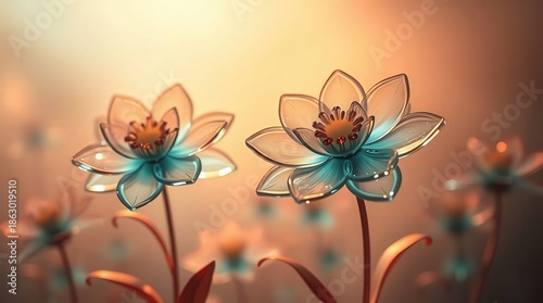 Stunning glass flowers in blue and orange hues with warm sunlight
