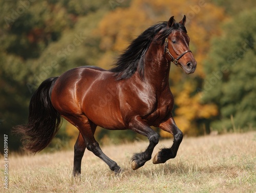 Dynamic Morgan Stallion in Motion: Bay Horse Engages in a Fast Trotting Action