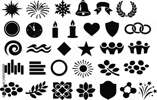30 Orthodox New Year Solid Black Silhouette Icons Set on White Background