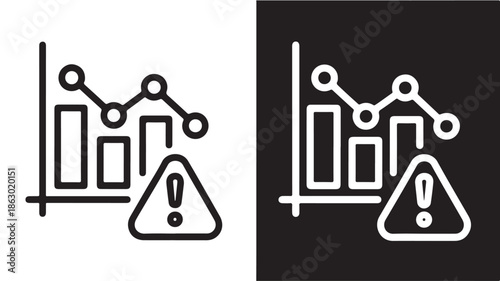 Warning sign with graph icon in simple line art style on contrasting white and black background for data analysis alert