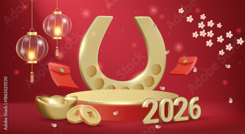 3D vector illustration of red podium with gold horseshoe and 2026 number text. Concept for chinese new year of the horse celebration. Luxury and premium festive holiday background template.