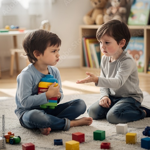 Two young boys having a disagreement over sharing a colorful toy in a bright playroom for childhood conflict resolution concept
