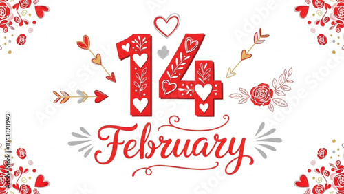 Valentines Day Celebration with Hearts and Flowers on 14 February