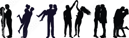 Romantic Couple Silhouette Set, Love and Relationship Poses in Black Vector Style