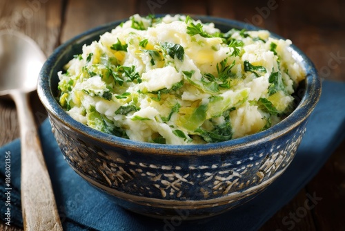 Traditional Irish Colcannon - Creamy Mashed Potatoes with Savoy Cabbage in a Rustic Bowl