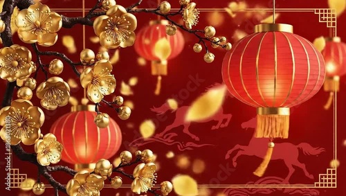 Vibrant red chinese new year lanterns create a festive holiday celebration decoration with gold accents and light for a winter season backdrop design