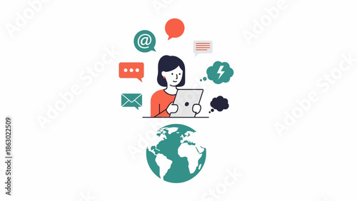Woman working on laptop with global communication icons around her