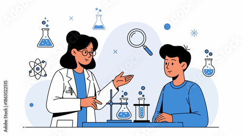 Friendly scientist and student engaged in chemistry experiment discussion