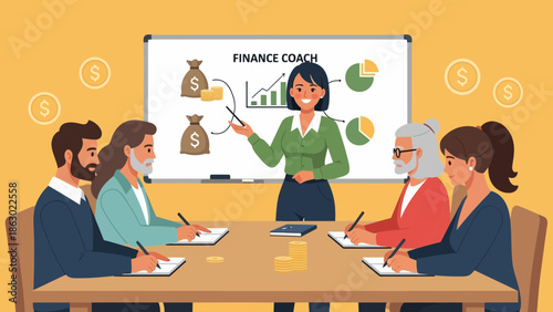 Finance coach presenting financial planning strategies to group