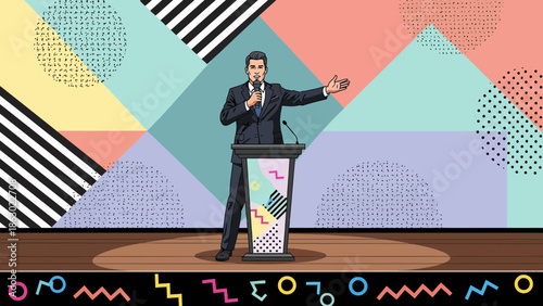 Confident businessman presenting at colorful modern conference stage