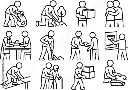 Community service and volunteering linear icons set