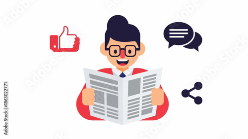 Smiling businessperson reading newspaper with social media symbols around