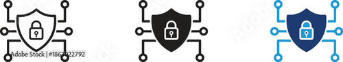 Cybersecurity shield icons with padlock and network connection points outline and solid styles
