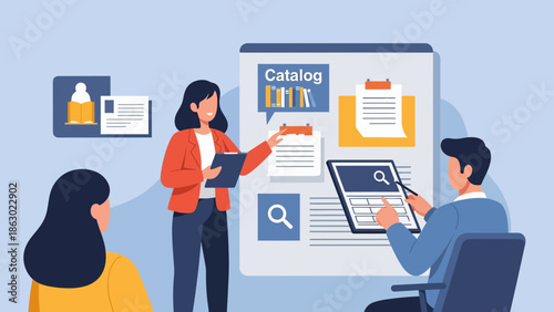 Business team collaborating on catalog project with digital documents and search