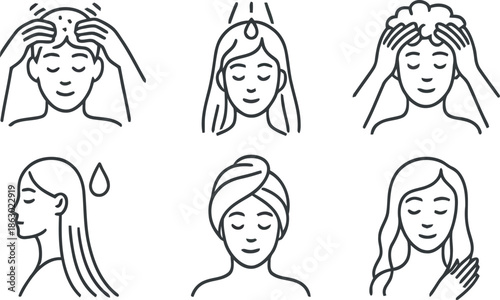 Hair care and washing routine steps icons set outline style