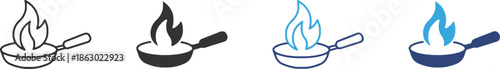Hot frying pan with rising flames representing intense cooking processes or high heat preparation methods