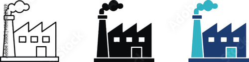 Industrial factory factory building set with smoke and chimney icons
