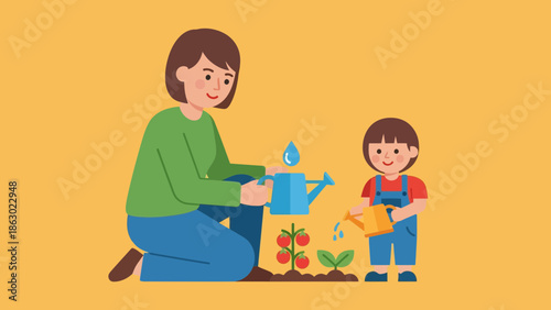 Woman and child planting and watering tomatoes together outside