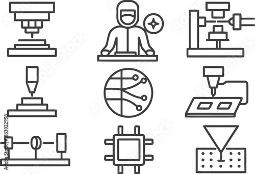 Industrial semiconductor and microchip manufacturing icons
