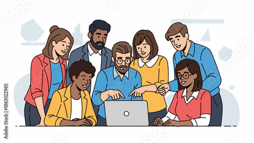 Diverse team collaborating on laptop in modern workspace setting