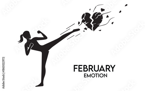 Empowered woman kicking shattered heart with strong emotion